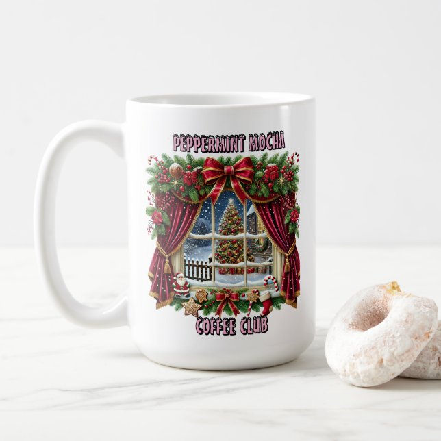 Charming Christmas Window With Festive Decorations Coffee Mug (With Donut)