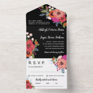 Charming Colourful Boho Flowers Black Wedding All In One Invitation