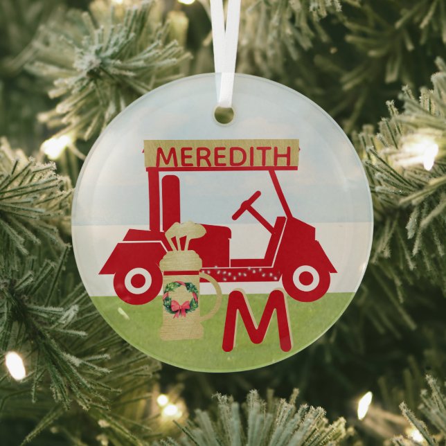 Charming Colourful Cart Red Gold Name Monogram     Glass Ornament (Insitu)