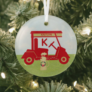 Charming Colourful Cart Red Gold Name Monogram Glass Ornament