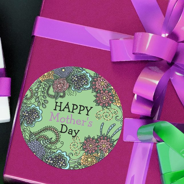 Charming Colourful Doodle Flowers Mother's Day Classic Round Sticker (Creator Uploaded)