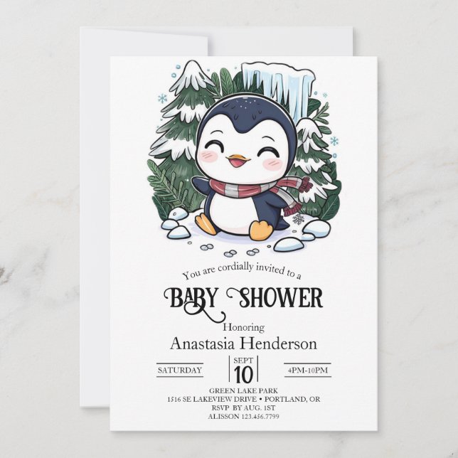 Charming Colourful Penguin Baby Shower Invitation (Front)