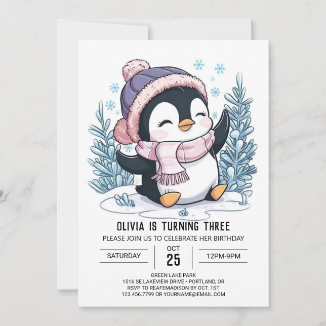 Charming Colourful Penguin Digital Birthday Invitation (Front)
