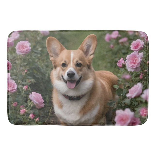 "Charming Companion: A Corgi in a Pink Rose Garden Bath Mat (Front)