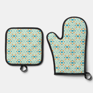 Charming Coquette Bow Geometric Tile Soft Mint Oven Mitt & Pot Holder Set