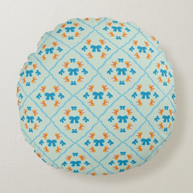 Charming Coquette Bow Geometric Tile Soft Mint  Round Pillow (Front)