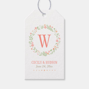 Charming Coral Pink Floral Wreath Monogram Favour Gift Tags