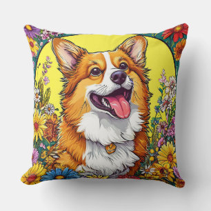 Charming Corgi Surrounded by Colourful Flowers Throw Pillow