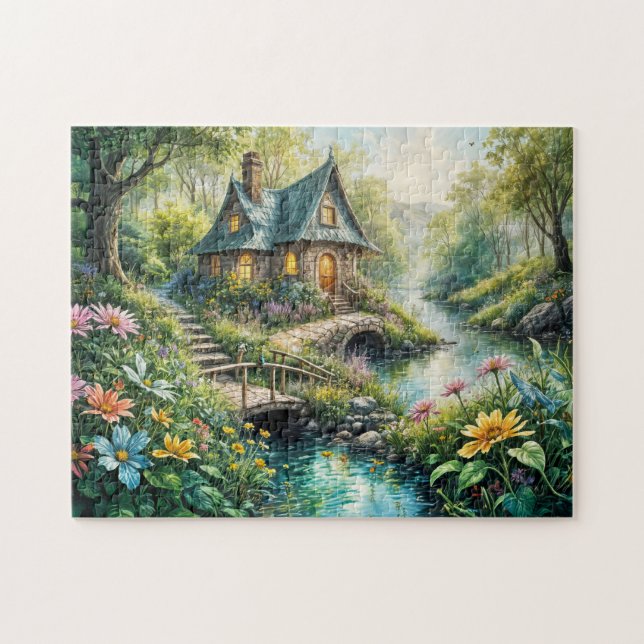 Charming Cottage by Serene Stream Jigsaw Puzzle (Horizontal)