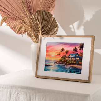 Charming Cottage Seascape Tranquil Sunset Poster