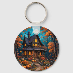 Charming Cottage with Pumpkins in an Autumn Forest Keychain