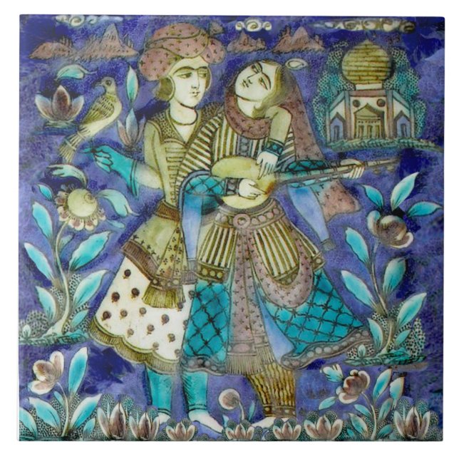 Charming Couple w/Bird, Lute Persian 1800s Repro Tile (Front)