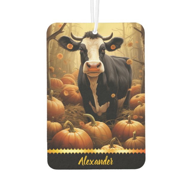 Charming cow among pumpkins on a golden autumn day air freshener (Back)