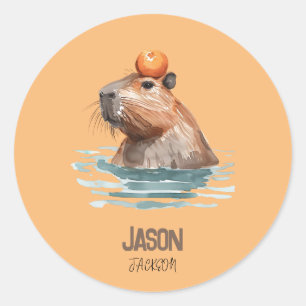 Charming Cute Capybara with Orange and Kids Name Classic Round Sticker