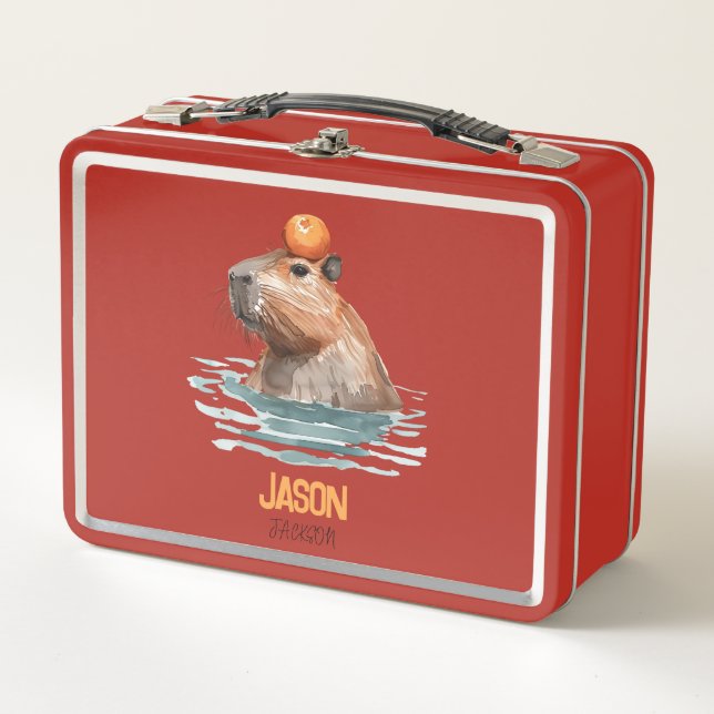 Charming Cute Capybara with Orange and Kids Name Metal Lunch Box (Front)