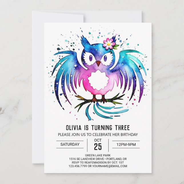 Charming Cute Digital Owl Birthday Invitation (Front)