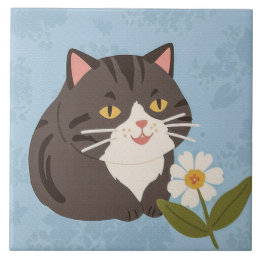 Charming Cute Gray Cat with a Chamomile FLower Tile