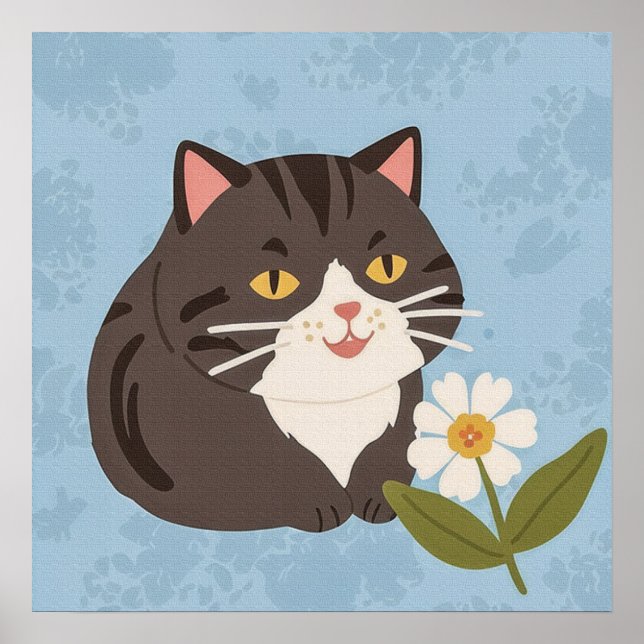 Charming Cute Grey Cat with a Chamomile FLower Poster (Front)