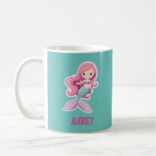 Charming Cute Pastel Mermaid with Kids Name Coffee Mug