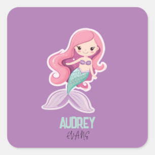 Charming Cute Pastel Mermaid with Kids Name Square Sticker