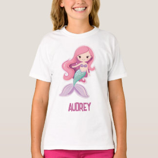 Charming Cute Pastel Mermaid with Kids Name T-Shirt