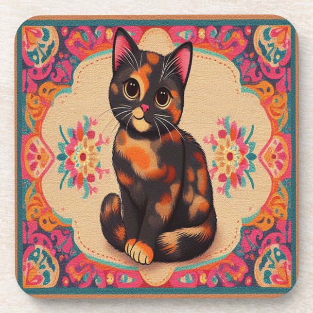 Charming Cute Tortoiseshell Cat Vibrant Border Coaster (Front)