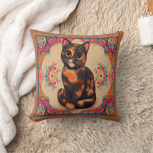 Charming Cute Tortoiseshell Cat Vibrant Border Throw Pillow