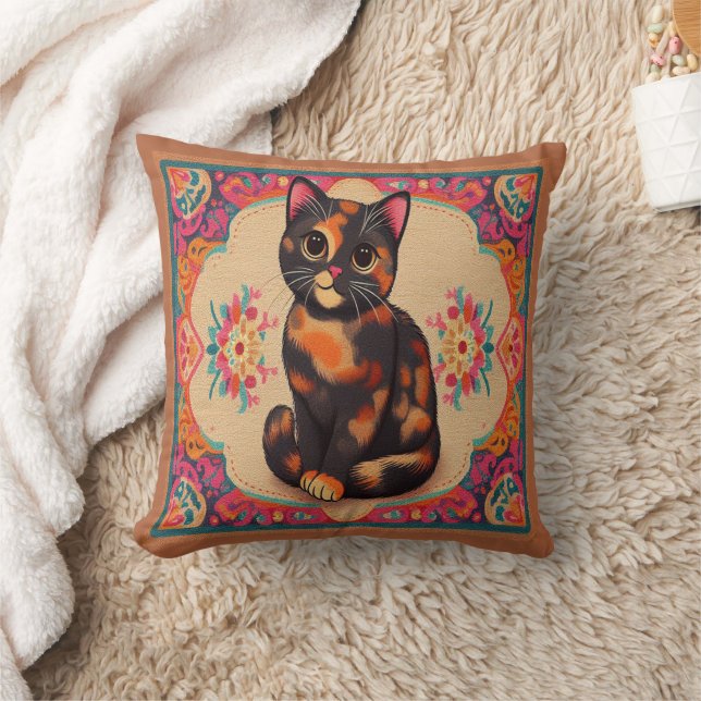 Charming Cute Tortoiseshell Cat Vibrant Border Throw Pillow (Blanket)
