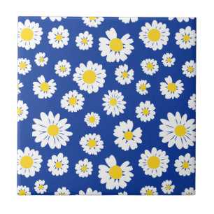 Charming Daisy Floral Design Blue Background Tile