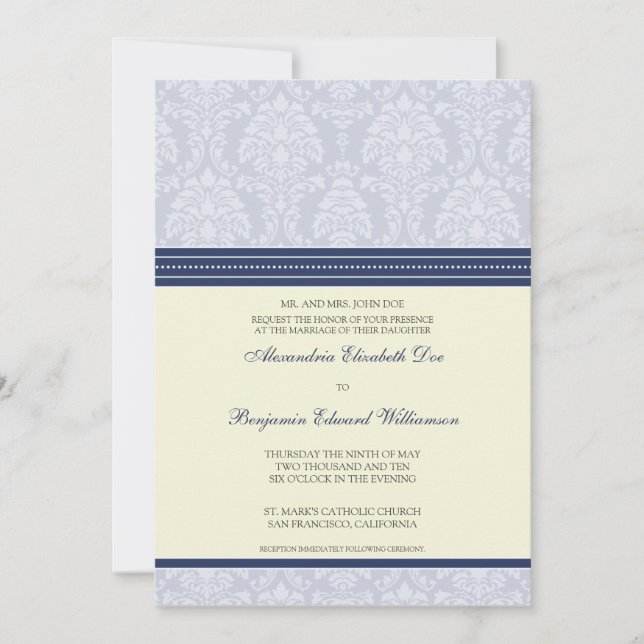 Charming Damask 5x7 Wedding Invitation: navy Invitation (Front)