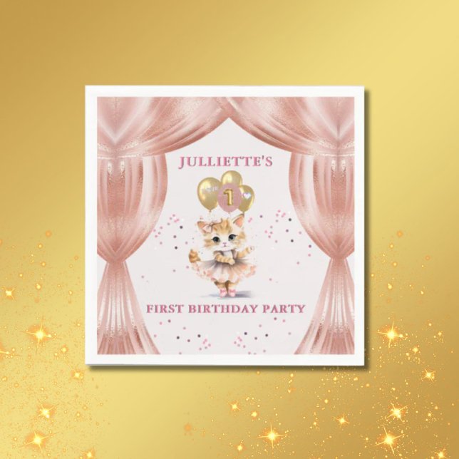 Charming Dancing Kitten Photo First Birthday Girl  Napkin (Creator Uploaded)