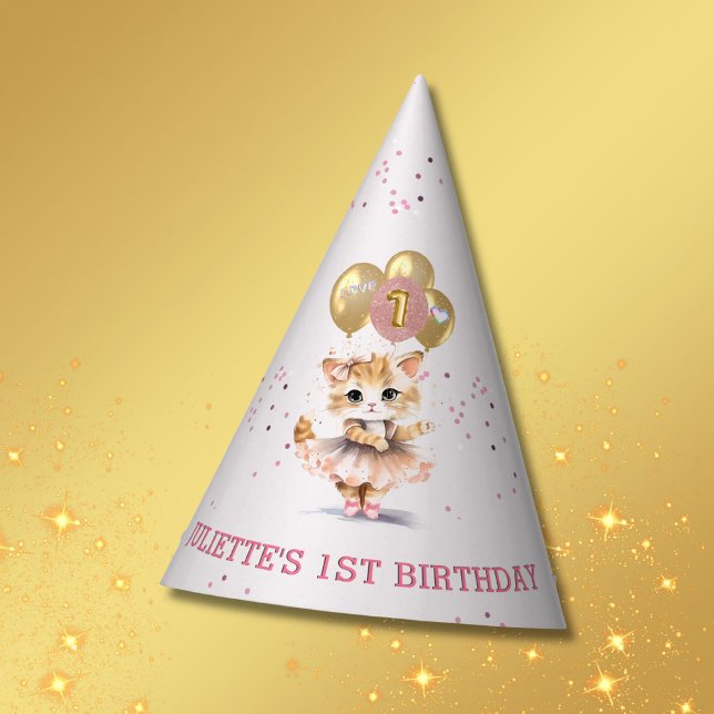 Charming Dancing Kitten Photo First Birthday Girl  Party Hat (Creator Uploaded)