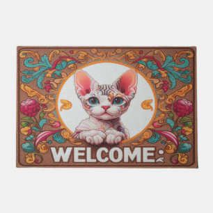Charming Devon Rex Cat Vibrant border Welcome Doormat