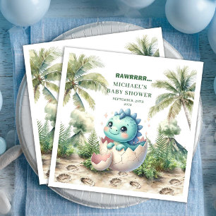 Charming Dino Baby Shower Hatching Soon Name  Napkin