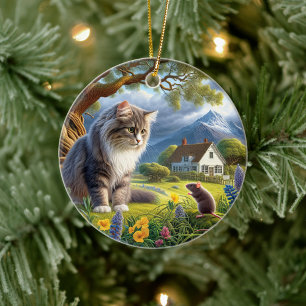 Charming Domestic Longhair Cat Keepsake Ceramic Ornament