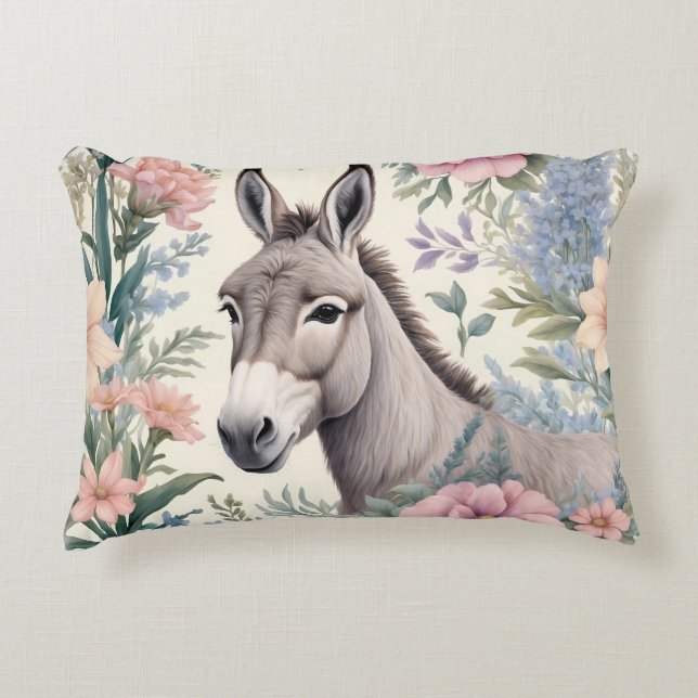 Charming Donkey Pastel Flowers Farm Animal Accent Pillow (Front)