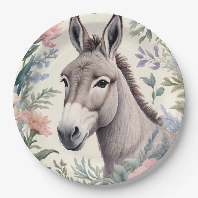 Charming Donkey Pastel Flowers Farm Animal Paper Plate (Front)