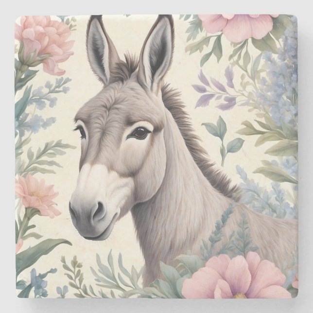 Charming Donkey Pastel Flowers Farm Animal Stone Coaster (Front)