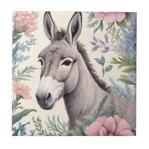 Charming Donkey Pastel Flowers Farm Animal Tile