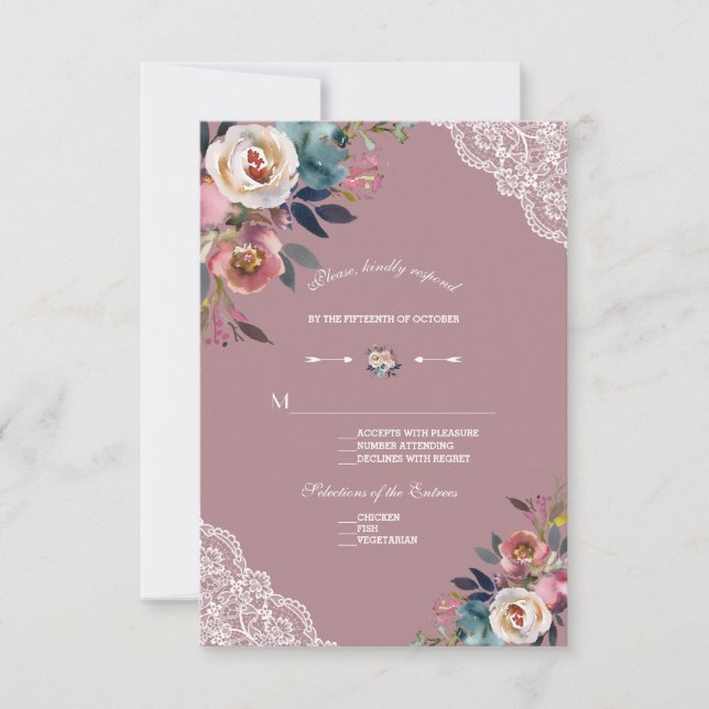 Charming Dusty Blue Dusty Rose Floral Wedding RSVP Card (Front)