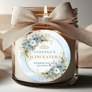 Charming Dusty Blue Gold Greenery Quinceañera  Classic Round Sticker