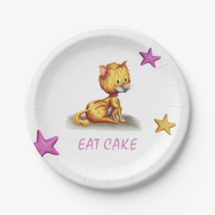 Charming Eat Cake Kitten Pink Collar Party Paper Plate