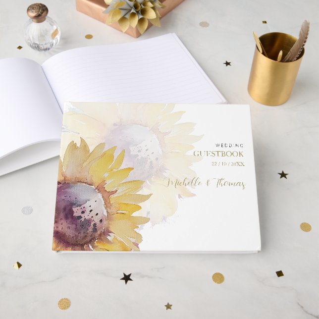 Charming Elegant Watercolor Sunflower Guest Book (Front Open)
