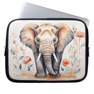 Charming Elephant & Blooms Watercolor Painting Laptop Sleeve
