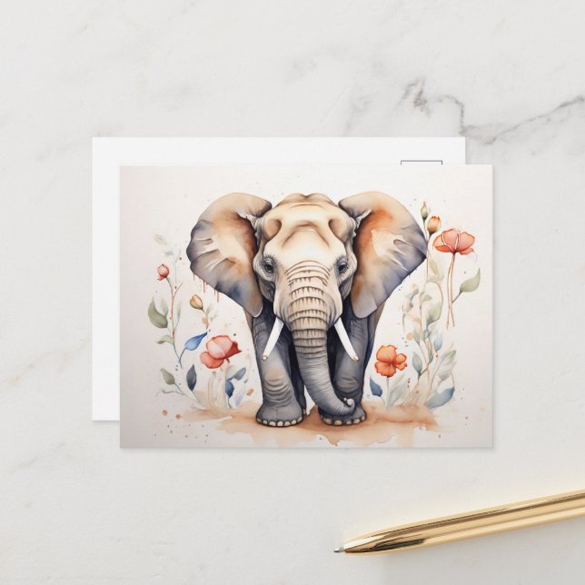 Charming Elephant & Blooms Watercolor Painting Postcard (Front/Back In Situ)