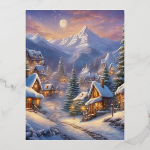 Charming fairy tale village, snow-covered decorate foil holiday postcard