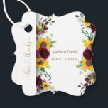 Charming Fall Burgundy Roses Sunflowers Wedding Favour Tags<br><div class="desc">ANY EVENTS! Unique,  Romantic card design featuring watercolour burgundy roses,  leaves,  sunflowers,  eucalyptus foliage,  modern faux gold "love and thanks" calligraphy,  on a white unique background. Use Personalize tool to add your info. For matching items,  please,  visit my Burgundy Roses Sunflowers Collection.</div>