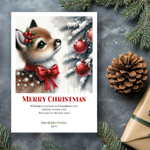 Charming Fawn Snowy Forest Watercolor Christmas  Holiday Card