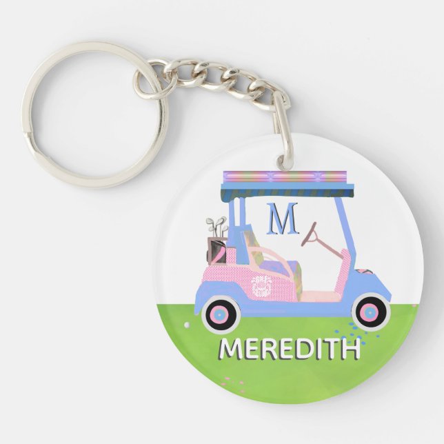 Charming Feminine Golf Cart Clubs Monogram Name  Keychain (Front)