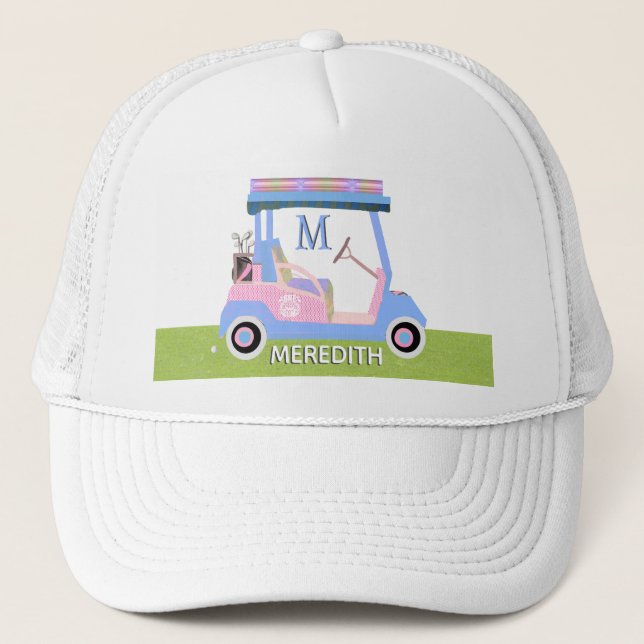 Charming Feminine Golf Cart Clubs Monogram Name  Trucker Hat (Front)